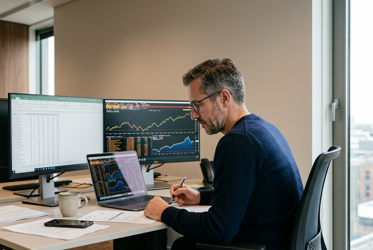Reviewing portfolio analytics at the desk