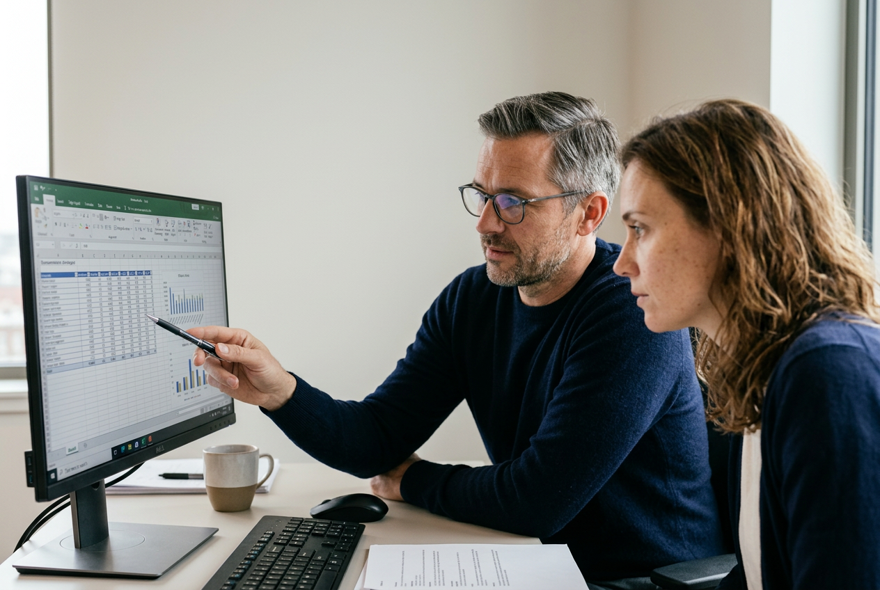 Two colleagues reviewing a spreadsheet together on a desktop monitor