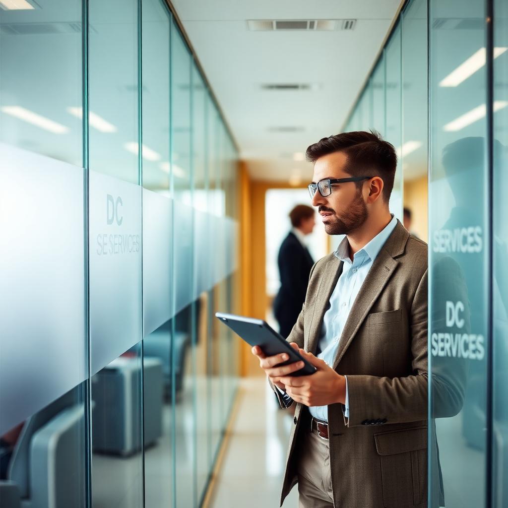 Catching a colleague in the glass corridor with a tablet