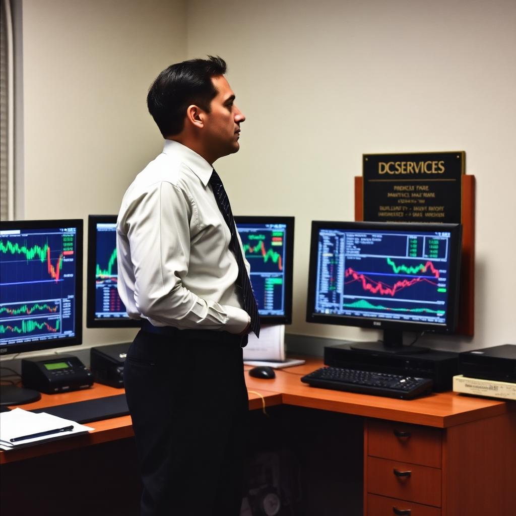 At the standing desk monitoring live market data
