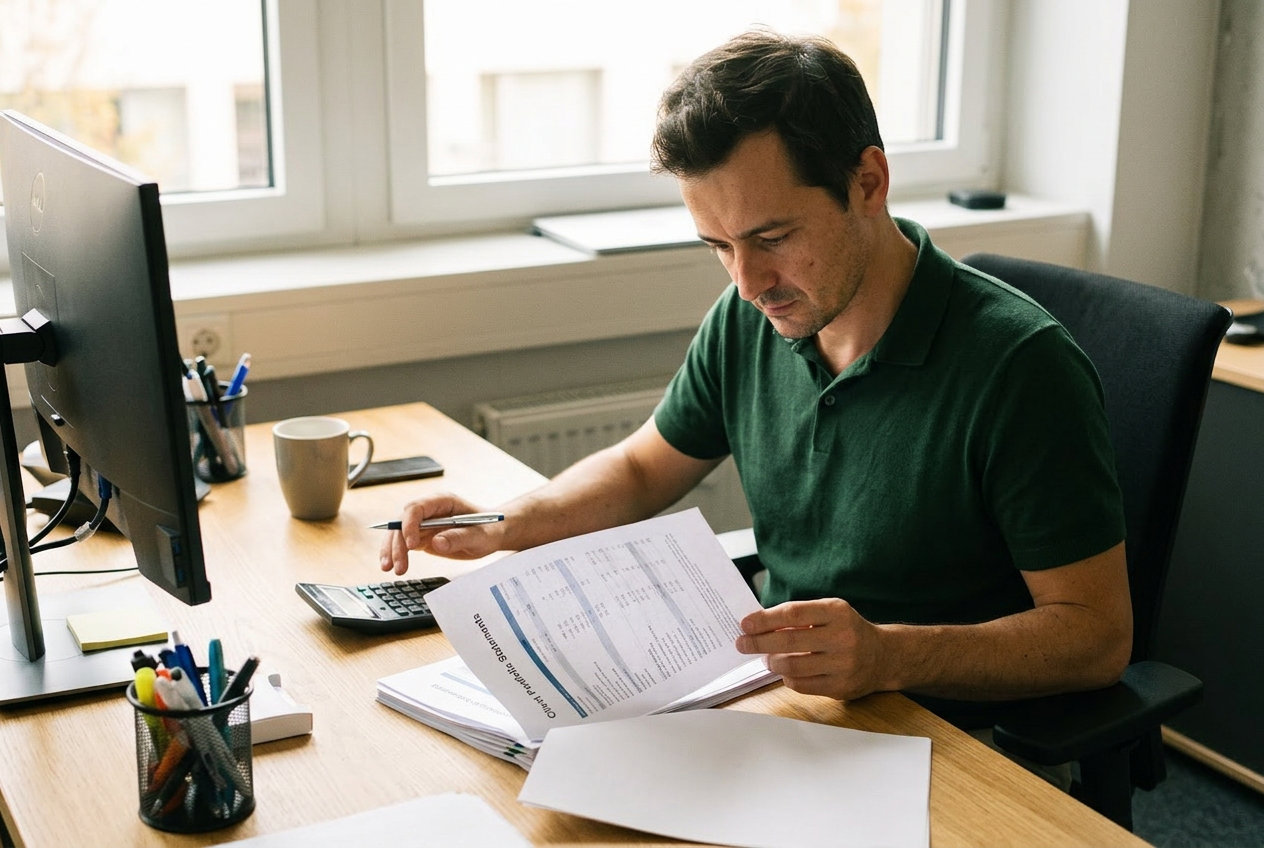 Specialist reviewing printed financial statements at a desk with calculator and monitor