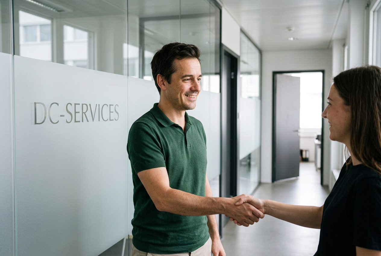 Greeting a colleague between meetings