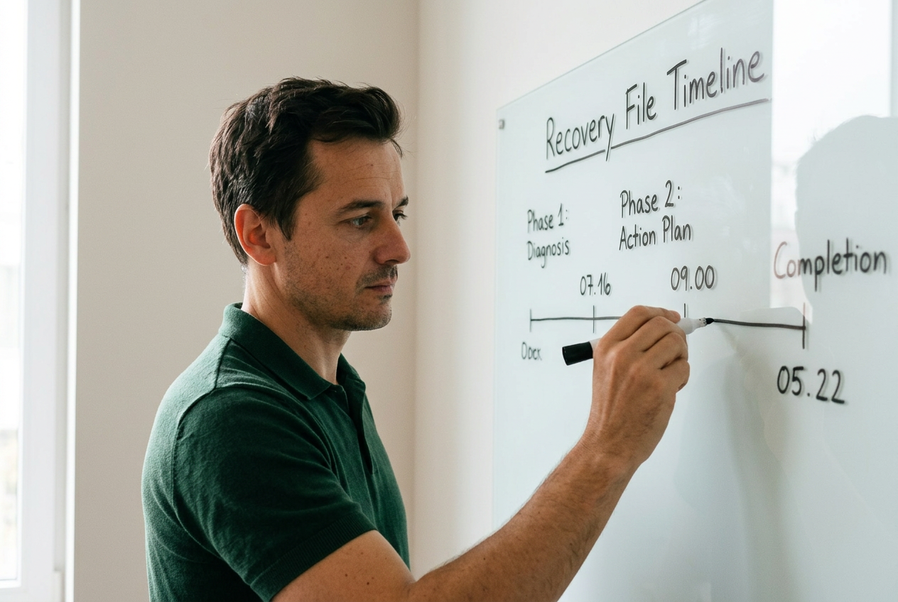 Sketching a recovery-file timeline on the whiteboard