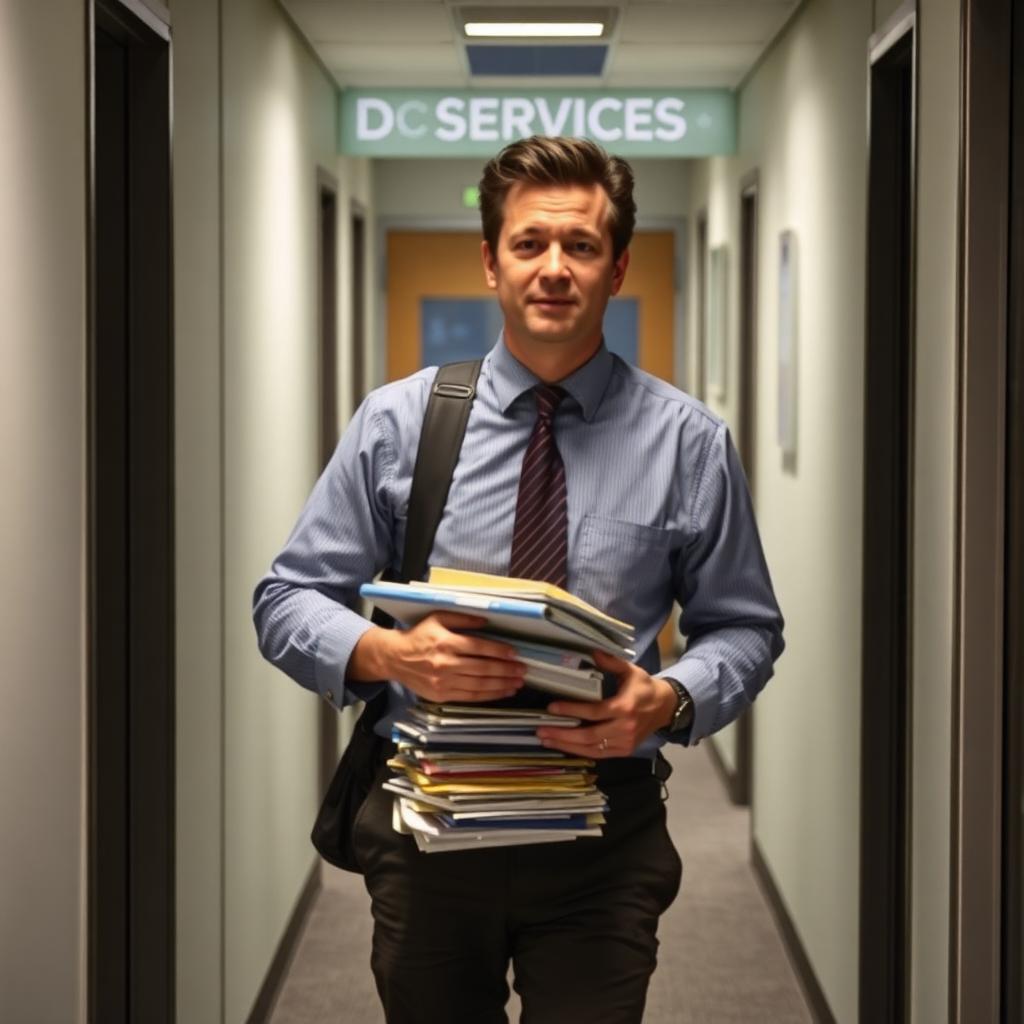 Walking the corridor with a stack of files