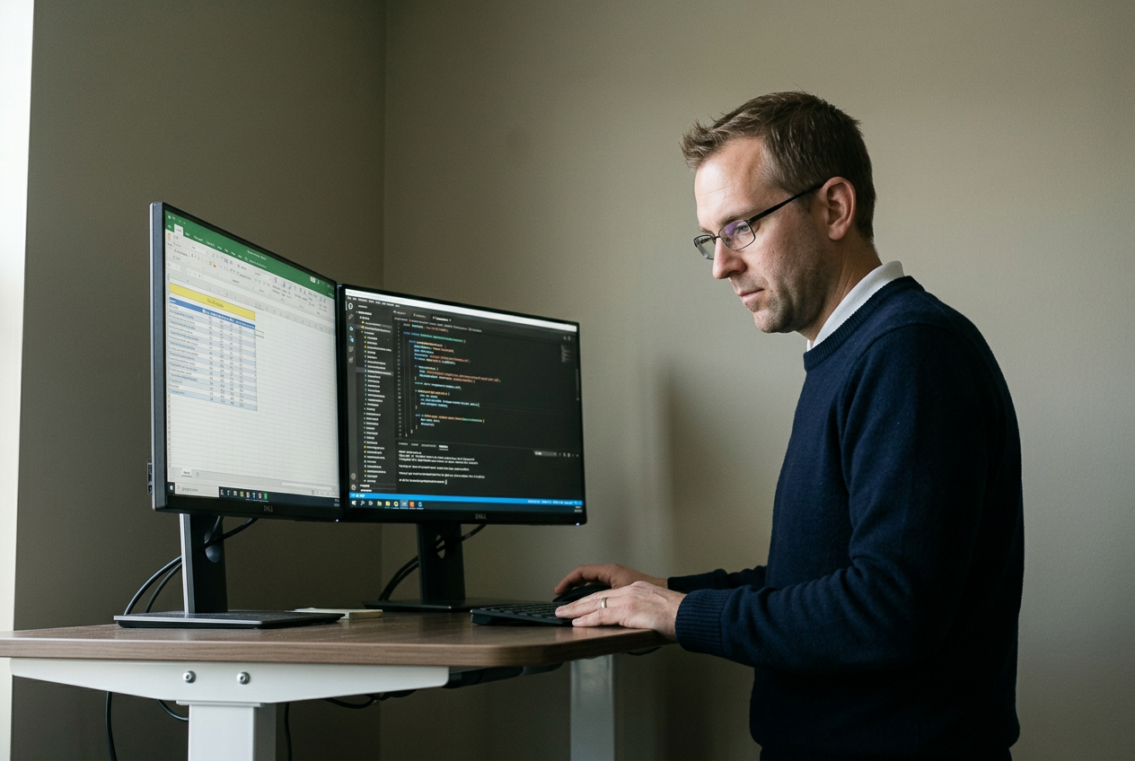 At the standing desk reviewing live data