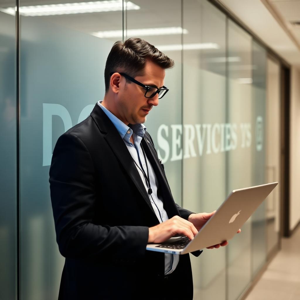 Checking systems from his laptop in the corridor