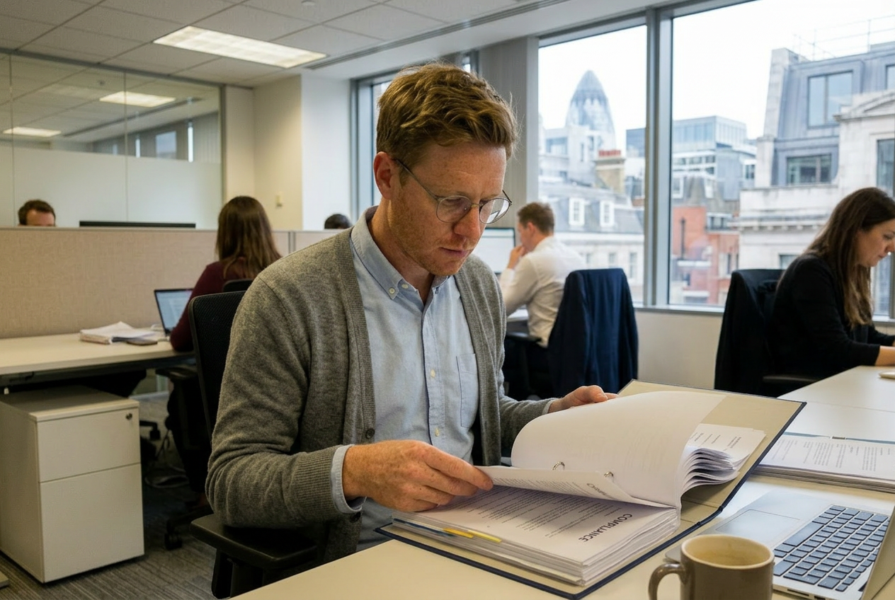Office specialist reading a thick compliance binder at an open-plan desk