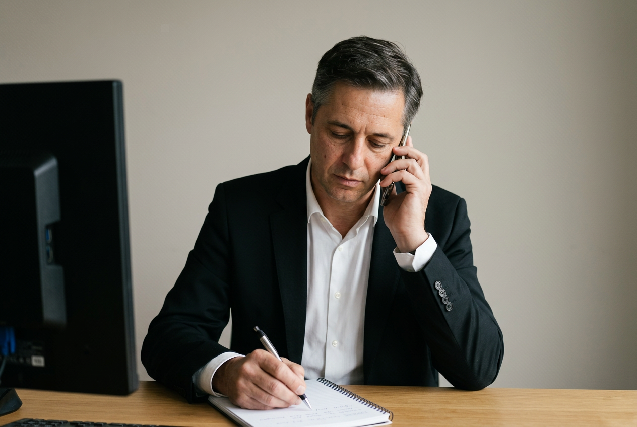 Desk call — taking notes during a client briefing